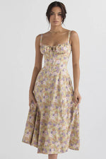 Sexy Low Cut Spaghetti Strap Maxi Dresses For Women Color Flower Printed Chest Wrap Bowknot Leace-up Long Dress Elegant Vestidos