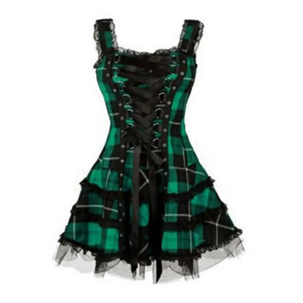Lace Up Sleeveless A-Line Dress Steampunk Plaid Mini Dress for Women Medieval Renaissance Corset Lace Trim Gothic Dress