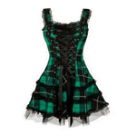 Lace Up Sleeveless A-Line Dress Steampunk Plaid Mini Dress for Women Medieval Renaissance Corset Lace Trim Gothic Dress