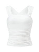 Women Square Neck White Tank Tops Ruched Design Sleeveless Solid Color Slim Fit Crop Tops Summer Vest Shirts