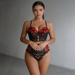 Rose Embroidered Lace Shapewear Set Longline Bustier High Waist Briefs Cutout Lingerie for Layering Bridal Boudoir Date Night