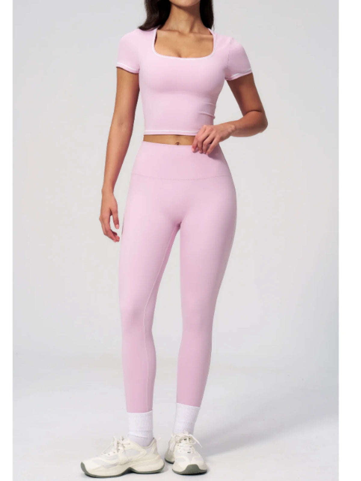 2PC Color Contrast Yoga Suit Women Short Sleeve Square Collar Slim Sports Top Fitness Suits Outdoor Exercise Leggings Tracksuit