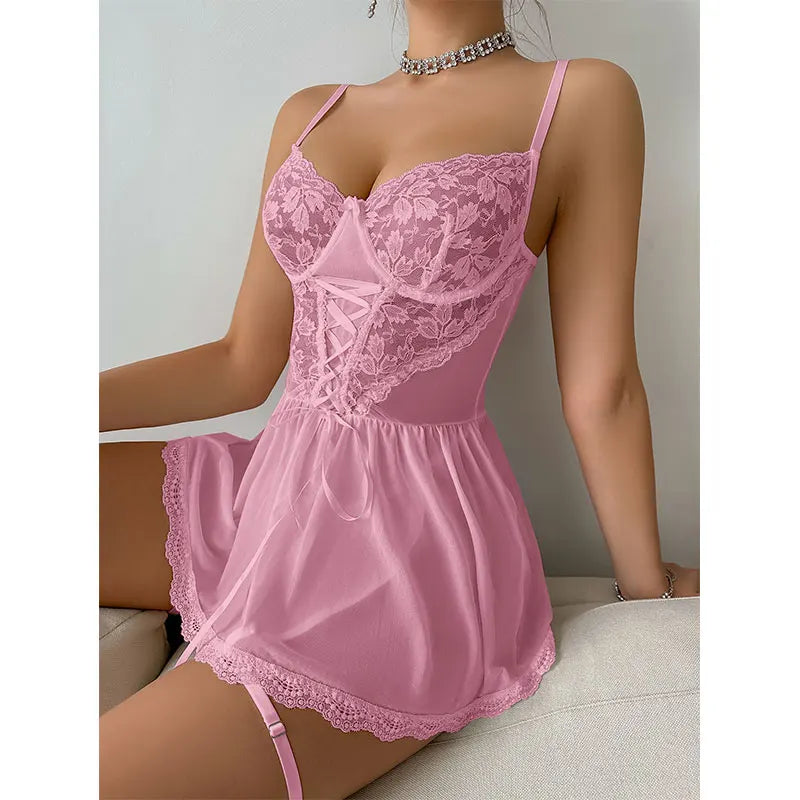 Hot Tulle Bra And Garter SetSexy Lingerie Set Transparent WomenErotic Lace Sleepwear Sexy Underwear Deep V Dress