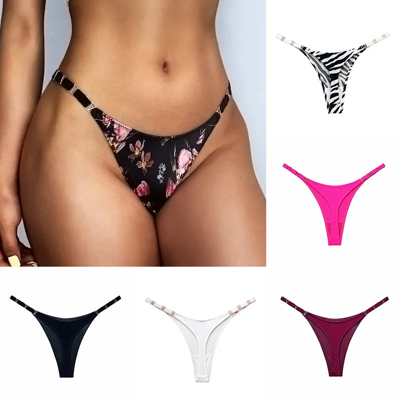 Sexy Thong for Women Underwear Briefs Seamless Panties Flower Low Rise Luxury Metal Buckle G String Bikini Girls T Pants Panty