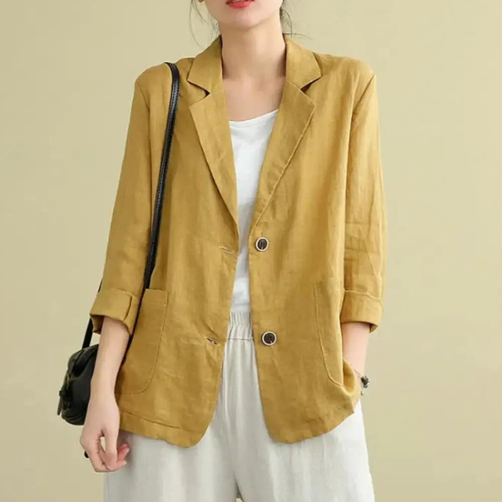 Vintage Long Sleeve Blazer Jacket Cotton Linen Coat for Women Casual Lapel 2 Buttons Thin Coat with Pockets