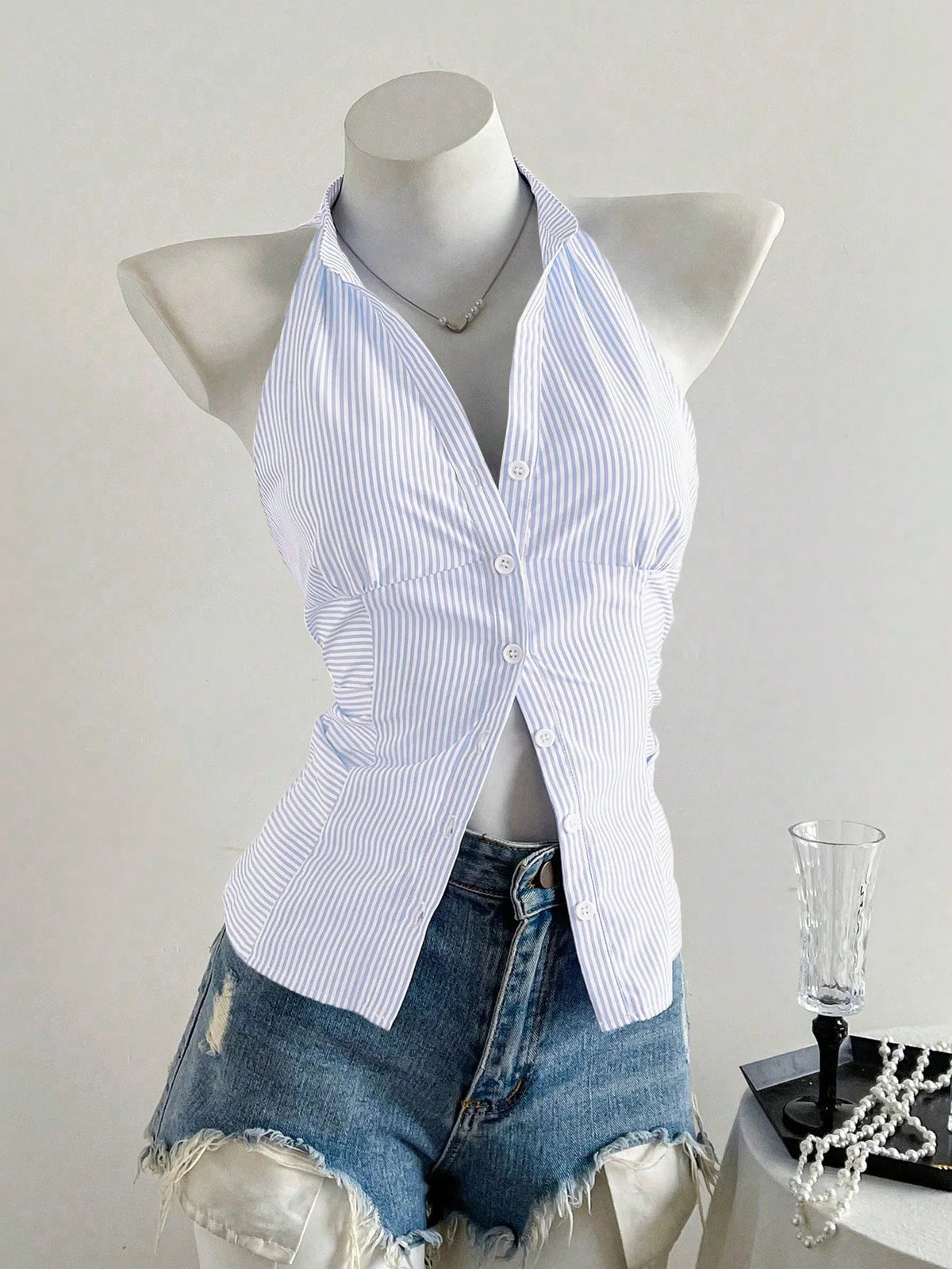 Summer Casual Shirt Women's Blue Striped Halter Top V Neck Button Down Sleeveless Slim Fit Blouse 2026 Y2K Style Streetwear