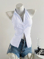 Summer Casual Shirt Women's Blue Striped Halter Top V Neck Button Down Sleeveless Slim Fit Blouse 2026 Y2K Style Streetwear