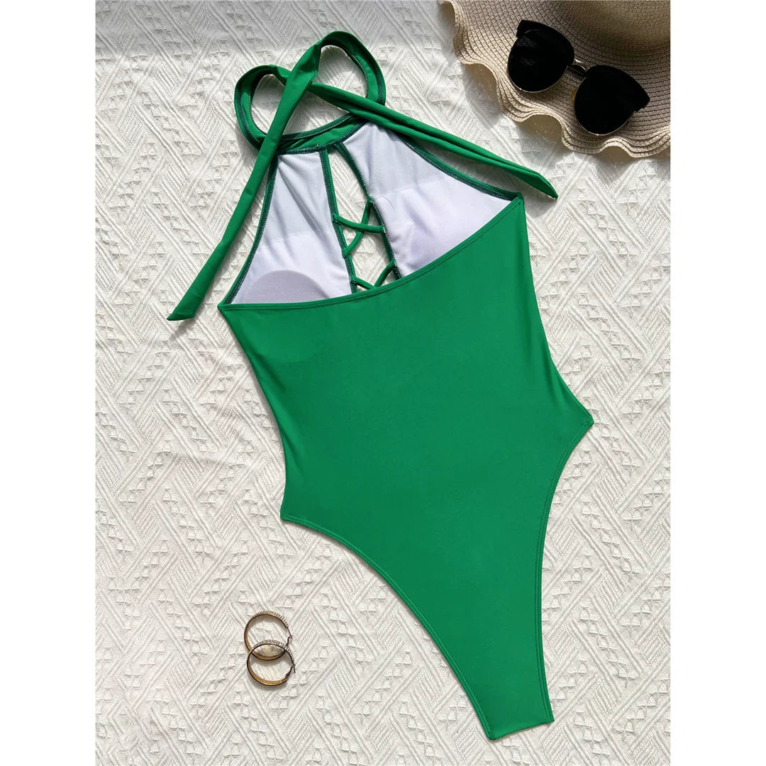 S - XL 7 Colors Lace Up High Neck Full Back Women Swimwear One Piece Swimsuit Female High Leg Cut Bather Bathing Suit Swim V6272