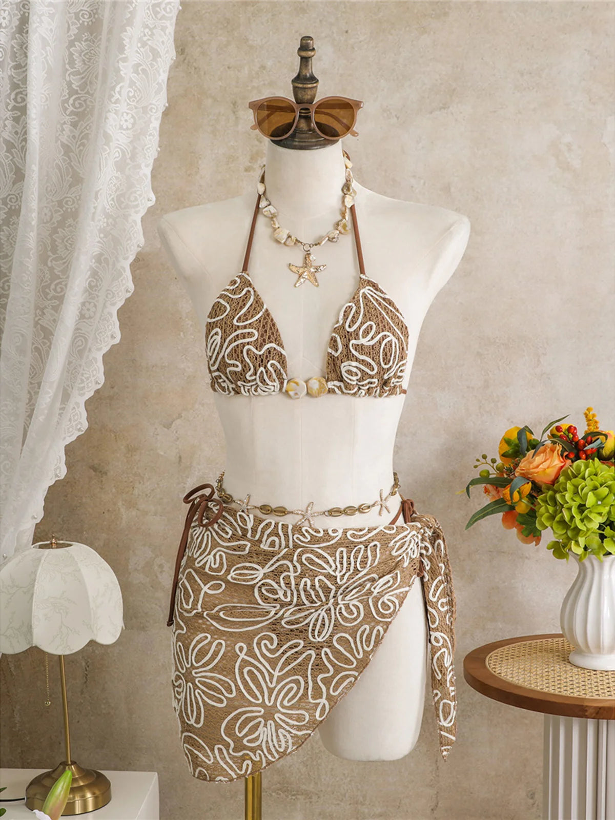 With Sarong Halter Printed Bikini Women Swimwear Female Swimsuit Padded Bather Bathing Suit Swim Three-pieces Bikini set K8073