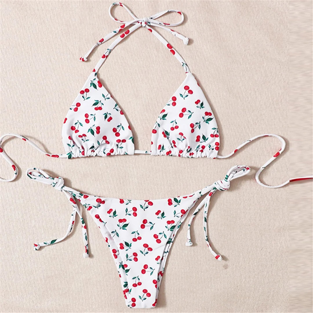 XS - L Cherry Printed Halter Strappy Bikini Female Swimsuit Women Swimwear Two-Pieces Bikini Set Bather Bathing Suit Swim V4894