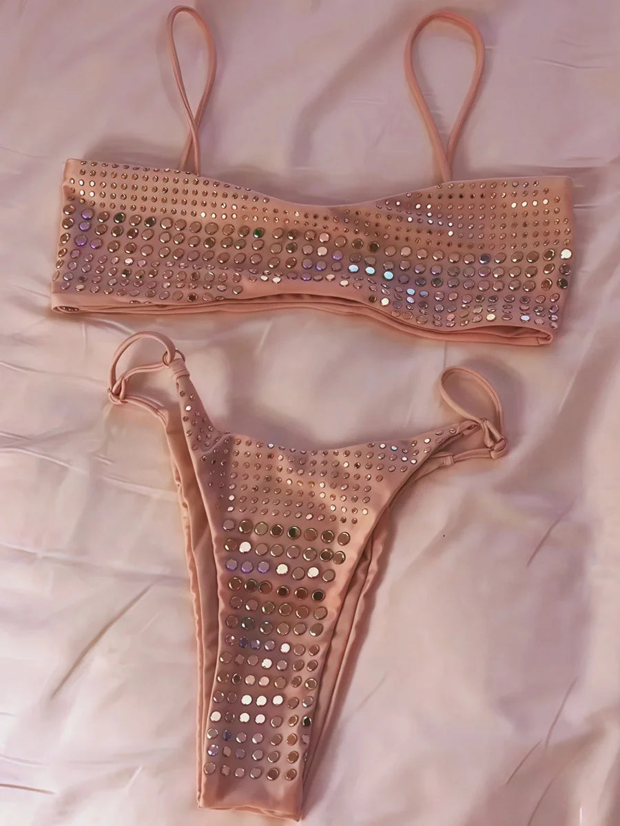 2026 Shiny Sequins Bandeau Bikini Women Swimwear Female Swimsuit Two-pieces Bikini Set Bather Bathing Suit Swim Lady Beachwear