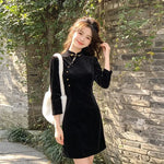 Black New Chinese Style Improved Qipao Dress Long Sleeve Short Cheongsam Retro Elegant Women Dress for Party Banquet Daily