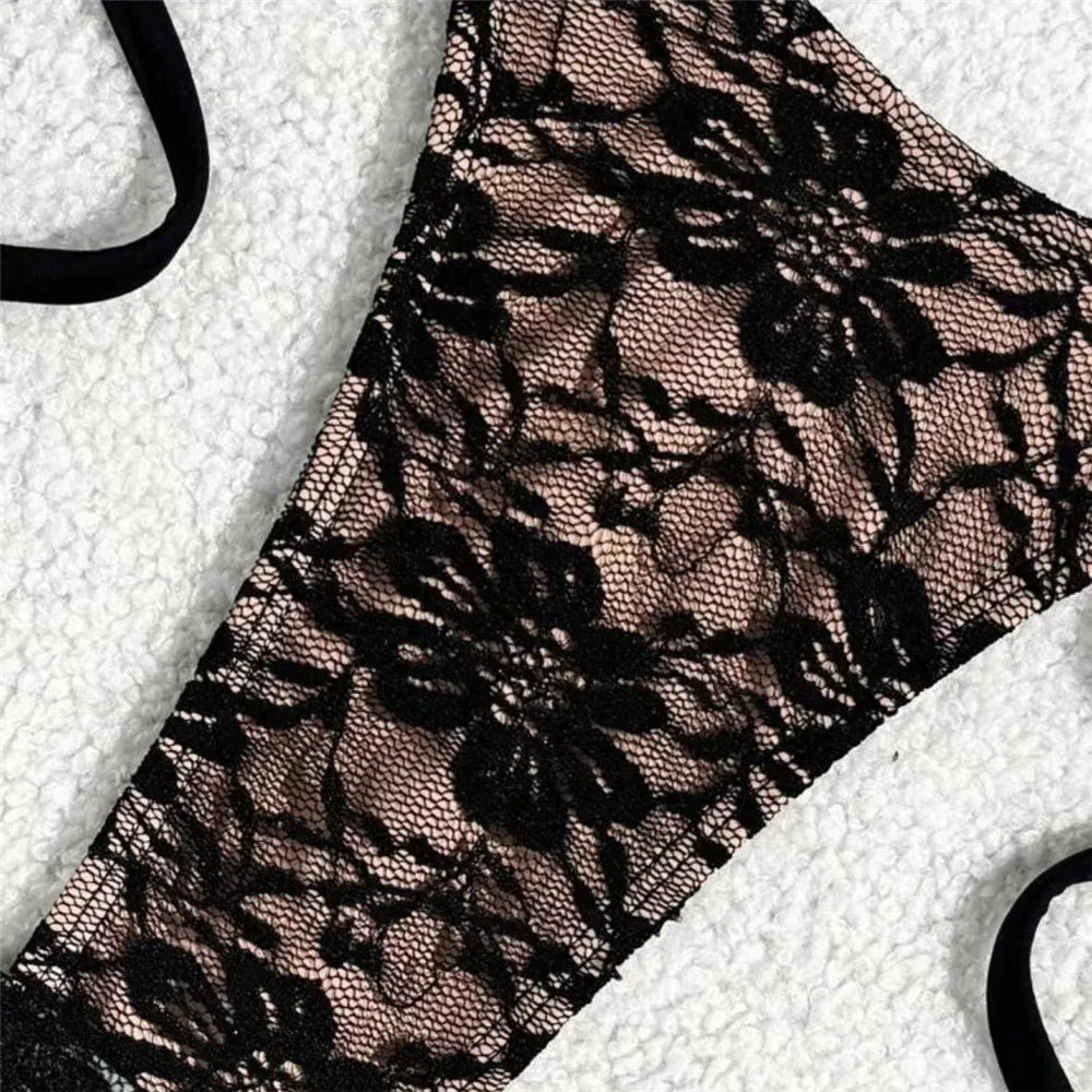 Triangle String Halter Bikinis Sets 3 Pieces Black Lace Mesh Swimwear Thong Sexy Swimsuit Cove Up Women 2026 Bathing Suit Bikini
