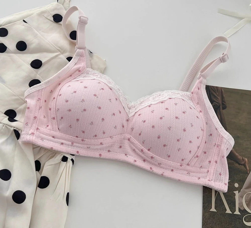 Japa Cherry Blossom Bra Wireless Thin Lace Bralette Small Chest Women Comfortable Breathable Student Underwear Push Up No Steel