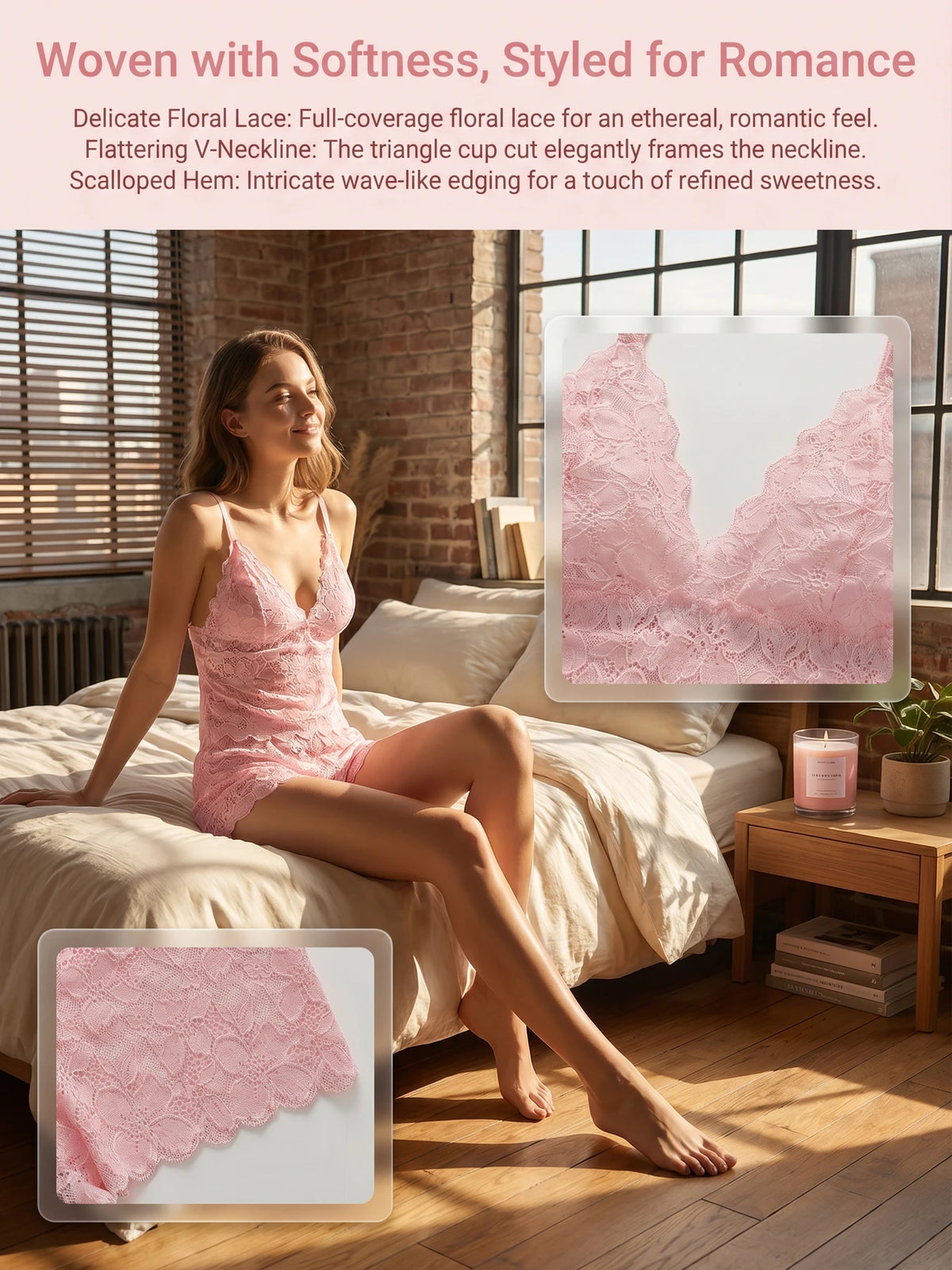 Wirefree Lace Bra Panty Set Soft Seamless Bralette Breathable Floral Lace Comfortable Everyday pajamas Set C2677