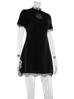 Ahagaga Sexy Women's Mini Dresses Patchwork Short Sleeves Lace Hollow Out Slim Fit Trend Baisc Turtleneck Streetwear Female Robe
