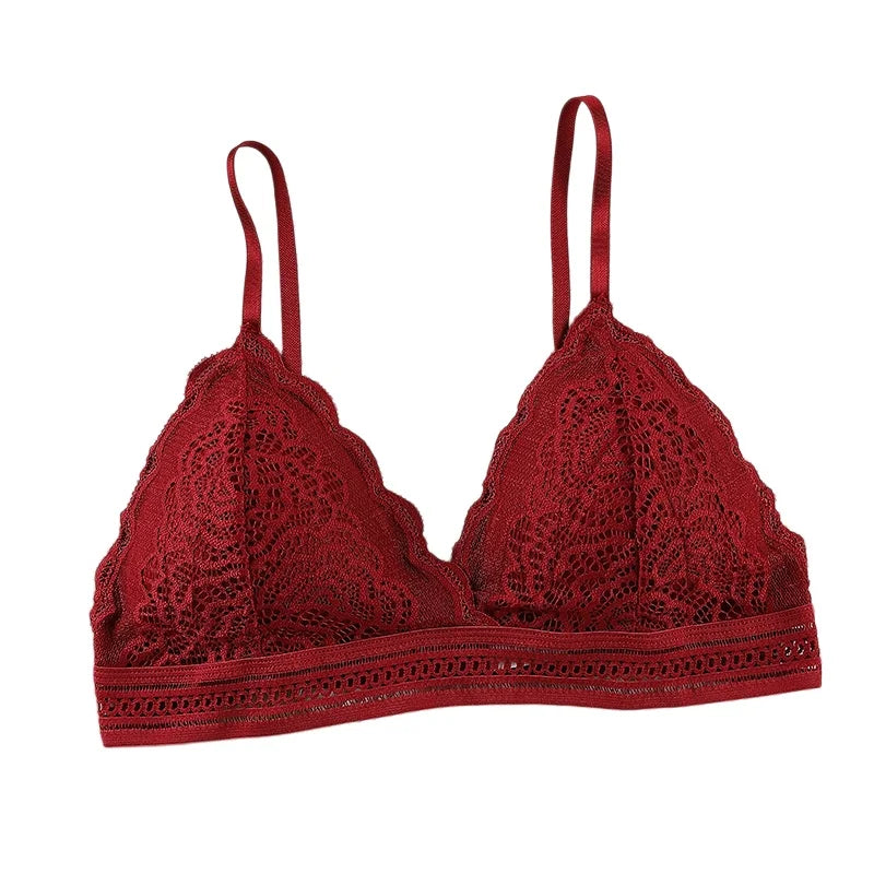 Women Bralette Sexy Lingerie French Style Lace Bra Triangle Cup Brassiere V-neck Solid Color Adjustable Underwear Padded Bra