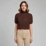 Women's Spring Summer Fuzzy Knit Tops Fashionable Casual Solid Color High Neck Short Sleeve Crop Sweater