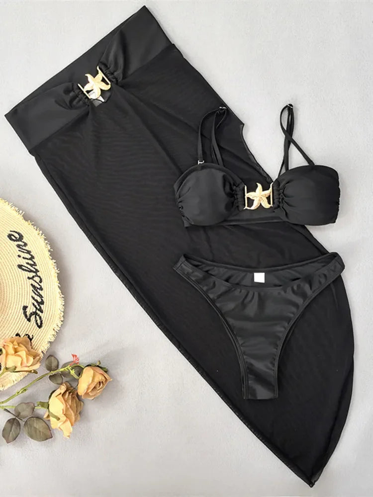 Sexy Meal Starfish Designer Bikinis Sets Women Black Push Up Buckle Mesh Skirt 3 Piece Swimsuit Beach Bathing Suit Swimwear 2025