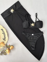 Sexy Meal Starfish Designer Bikinis Sets Women Black Push Up Buckle Mesh Skirt 3 Piece Swimsuit Beach Bathing Suit Swimwear 2025