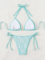 Embroidery Mesh Lace Halter High Cut Bikini Female Swimsuit Women Swimwear Two-pieces Bikini Set Bather Bathing Suit Swim Beach