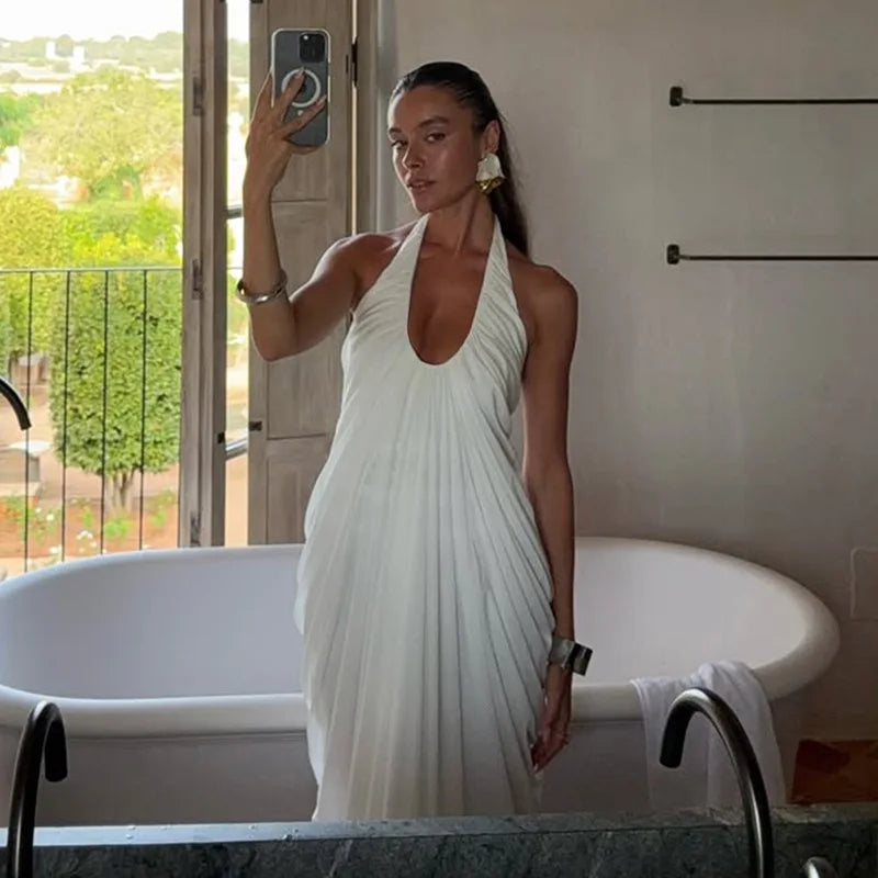 FDYOUI 2026 Summer Backless Ruched White Long Maxi Dress for Woman Elegant Sexy Halter Sleeveless Loose Evening Party Dresses