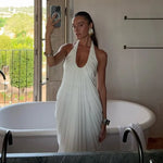 FDYOUI 2026 Summer Backless Ruched White Long Maxi Dress for Woman Elegant Sexy Halter Sleeveless Loose Evening Party Dresses