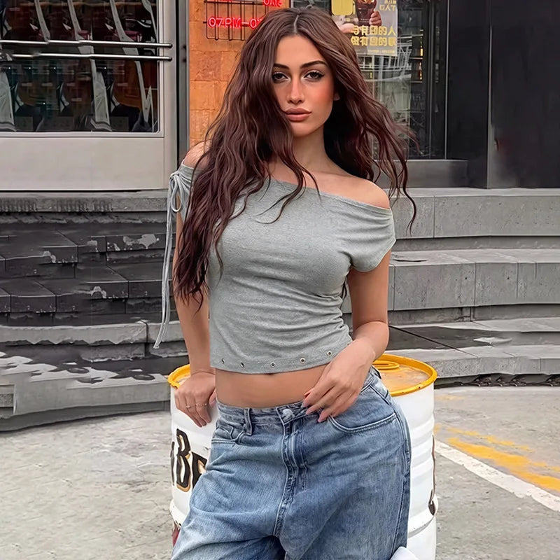 FDYOUI Women's Diagonal Collar Gray T-shirts Y2K Female Off Shoulder Lace-up Holes Cropped Tops Casual Black T Shirt Streetwear