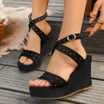 Black Super High Heels Sandals Women Flats Platform Sandals with Rivet Cow Leather Comfort Summer Shoes Casual Daily Dress AU31
