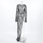Woman Clothing 2026 O-neck Hollow Out High Slit Long Maxi Lace Dress Black Streetwear Ladies See-through Black T-shirt Dresses
