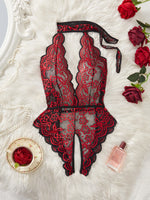 S-4XL Sexy Crotchless Halter Lingerie Women Lace Hollow Transparent Curvy Erotic Bodysuit Deep V Open Bra Underwear Set Babydoll