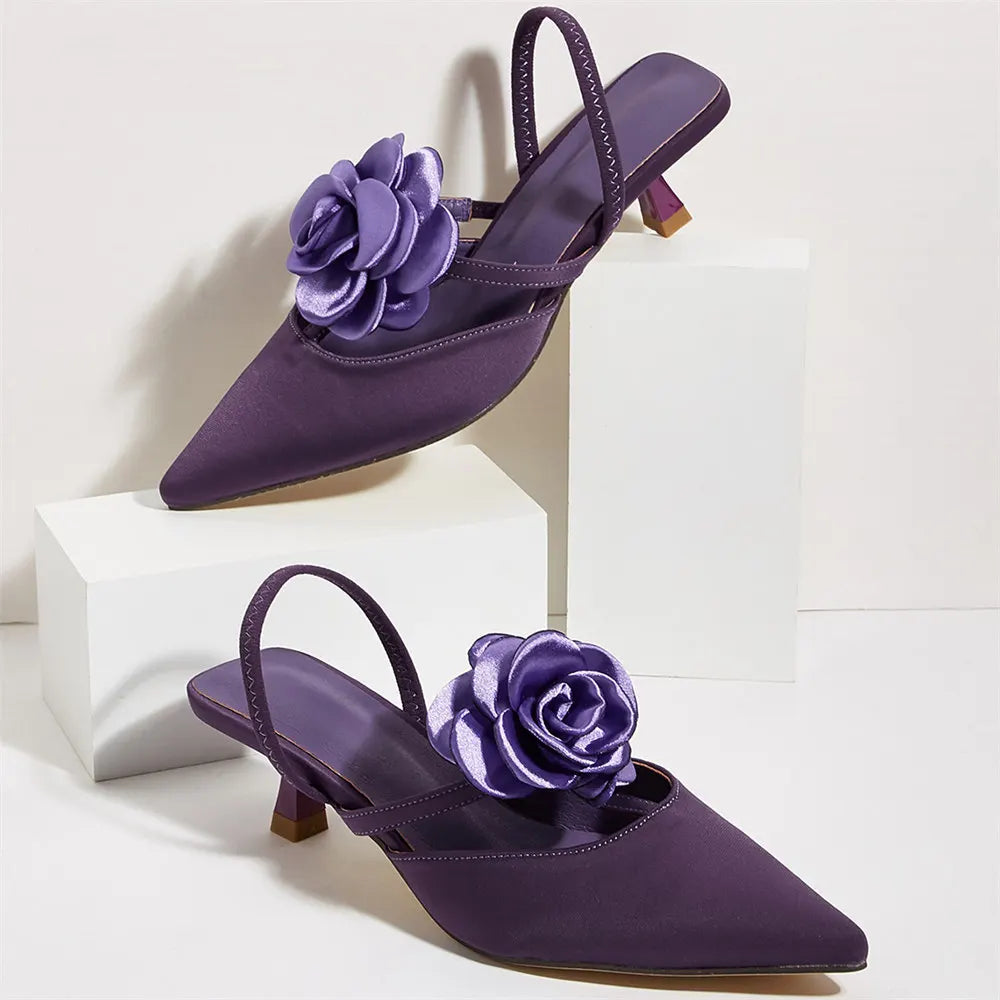 2025 Large Size 43 Summer Women's Pointy Toe Kitten Heels Slingback Pumps Elegant Satin Sandal Rose Flower Office Lady Shoes