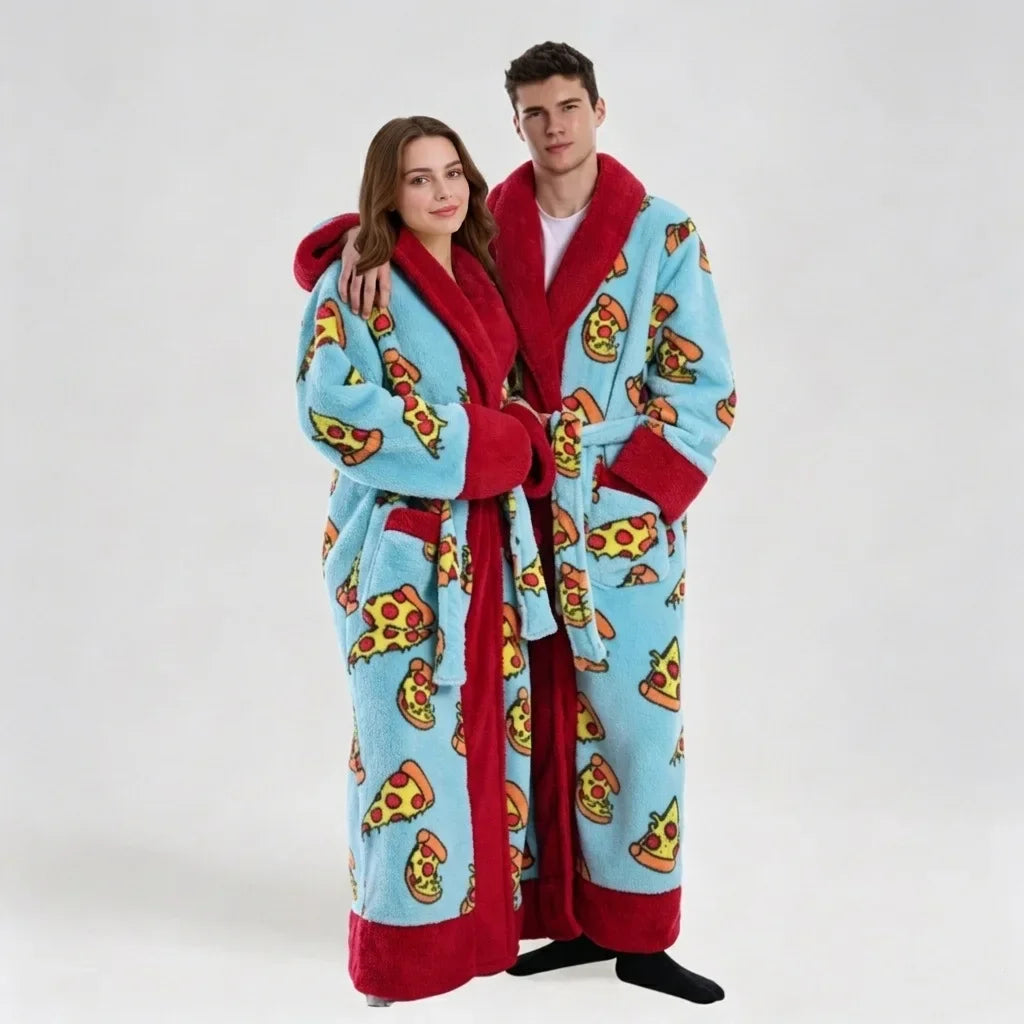 Warm Flannel Long Couples Robe Autumn Winter Color Block Lapel Funny Cartoon Print Bathrobe with Double Pockets Loungewear
