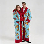 Warm Flannel Long Couples Robe Autumn Winter Color Block Lapel Funny Cartoon Print Bathrobe with Double Pockets Loungewear
