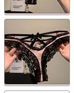 Women’s Flower Embroidery Sexy Thong Spicy Girl Lace Transparent Underpants Thin Summer Hollow Out Panties Bow Briefs