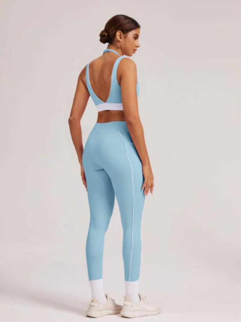 Women's Yoga Sets Sports Fitness V-Neck Halter Sports Bra Color-Block Hip-lifting Pants Suits Running Training Workout Gym Sets