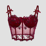 Sexy Lace Floral Embroidery Bow Corset For Women Camisole Sheer Mesh Fishbone Slim Crop Top Wired Bra Camis Festival Lingerie