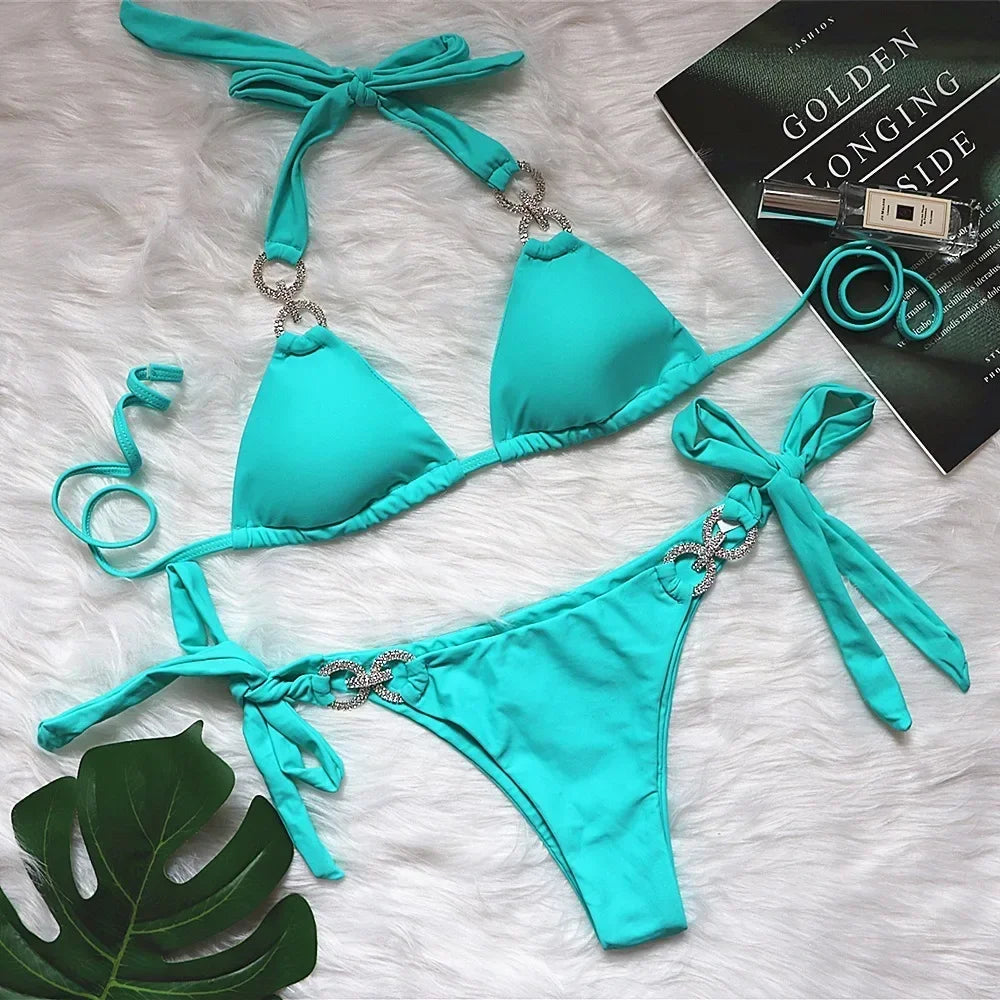 Luxury Rhinestones Bikin 2026 New Women Solid Red Blue Bandage Cross Diamond Thong Swinsuit Beach Bathing Suit Swimwear Biquini