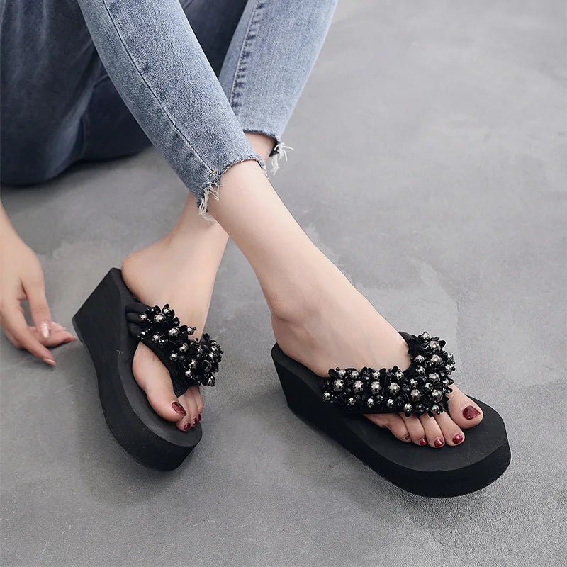 Big Size 42 Fashion Flip Flops For Women Summer Wedges Shoes EVA Sole String Bead Female Indoor Beach Slippers Slip-on Sandals
