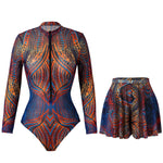 Slimming Mesh Swimsuit One Piece with Long Sleeves Sexy Bathing Suit Featuring Skirt & Long Pants Bodysuit for Smart Beach Wear