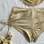 Gold Shiny String Halter Sexy Bikini 2026 Woman Bottom Shorts Swimsuit Metal Ring Holiday Swimwears Bathing Suit Bikinis Sets