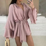 Mini Dress with Belt Summer Ruffle Long Sleeve Dress for Women Casual V Neck A-line Swing Dresses Irregular Vacation Dress