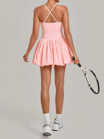 Fake Two Piece Tennis Dress Women Back Criss Cross Slim Bulit-in Shorts Golf Athletic Dresses Gym Pleated Fluffy Yoga Mini Dress