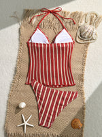 Vintage Red Striped Two Piece Bikini Set 2026 Women Shell Starfish V Neck Top High Waist Swimsuit Beach Bathing Suit Swimwear
