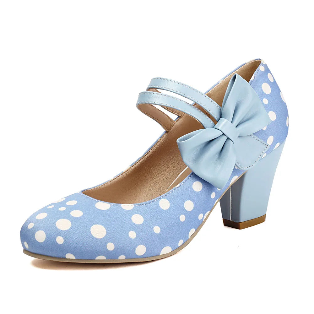 Plus Size 33-48 Sweet Polka Dot Mary Jane Heels Shoes Women Pink Blue Side Bow Tie Round Toe Chunky Block Heel Cute Lolita Pumps