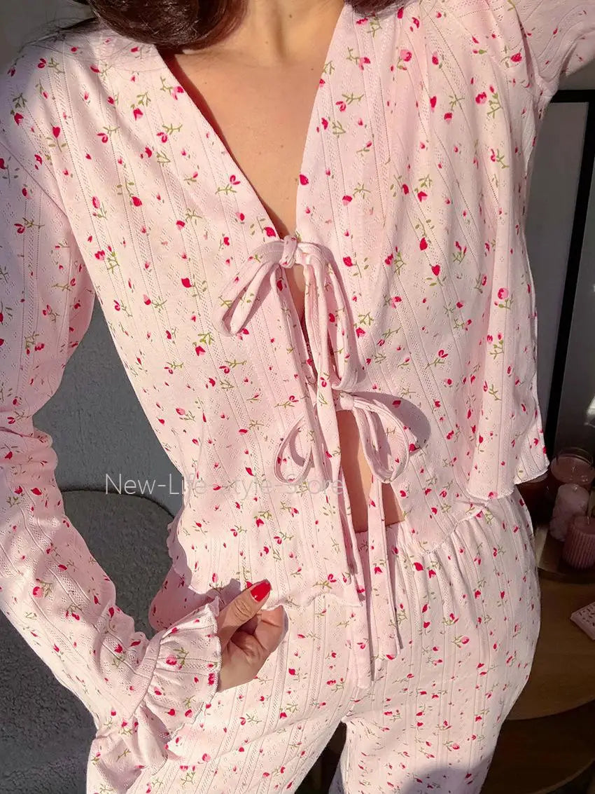 Printed Tie Ruffle Long Sleeve Soft Comfort Ladies Homewear Sleepwear Women 2026 Autumn Winter Knit Two Piece Pajama Set