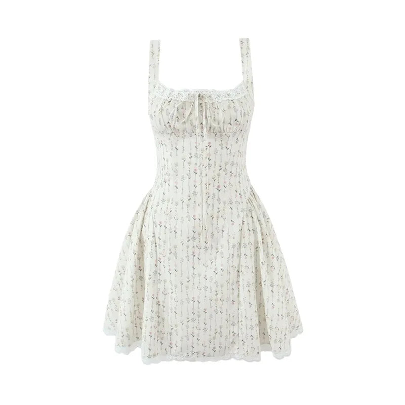 Vietnamese Sweet Lace Trimmed Camisole Dress For Women With Cross-back Cutout Waist-cinching Floral Print Puffy Short Skirt 24AK