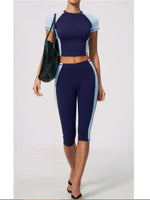 Color Blocking 2PCS Yoga Set Women's Tracksuit Short Sleeve O Neck Sports T Shirts High Waist Cropped Pants Tight Fitness Suits