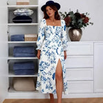 French Casual Style Square-neck Slim-fit Dress Feminine With Side Slit Three-quarter Sleeves Waist Cinching Printed Holiday THF3