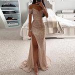 Evening Party Prom Dress Elegant V-Neck Off Shoulder Dress Sequin Pleated Short Sleeve Waist Tight Slim Sexy Split Long Dress